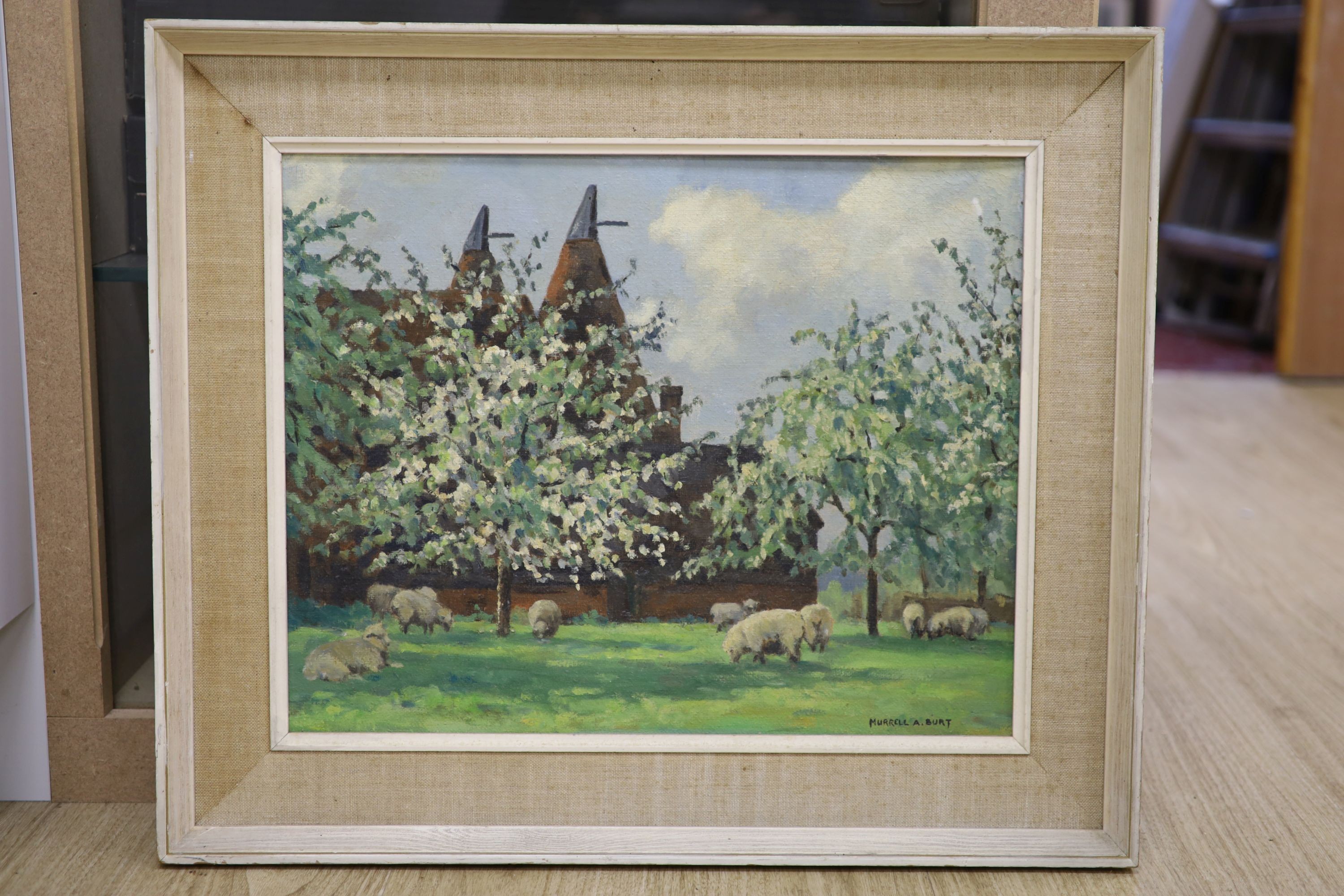 Murrell A. Burt, oil on board, 'Cherry Orchard, Hawkswell Farm, near Pembury, Kent', signed, 40 x 50cm, with a 19th century watercolour of The Wilberforce Oak and a small sketch of harvesters